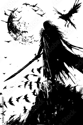 Vintage Dark Figure with Birds and Moon in Xerography Halftone Style, Retro Gothic Symbolic Illustration on Transparent Background