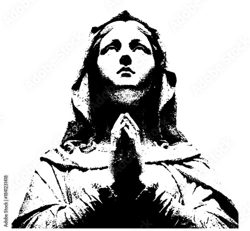 Vintage Praying Woman Portrait in Xerography Halftone Style, Retro Sacred Spiritual Illustration on Transparent Background
