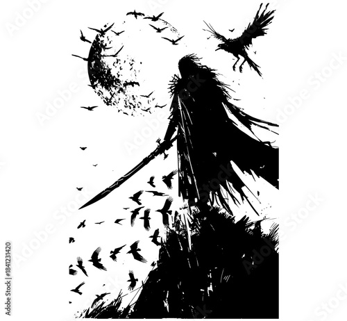 Vintage Dark Figure with Birds and Moon in Xerography Halftone Style, Retro Gothic Symbolic Illustration on Transparent Background
