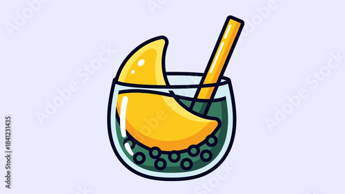 Cartoon Mango Bubble Tea Illustration with Straw and Tapioca Pearls.