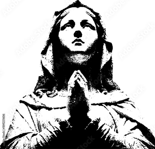 Vintage Praying Woman Portrait in Xerography Halftone Style, Retro Sacred Spiritual Illustration on Transparent Background