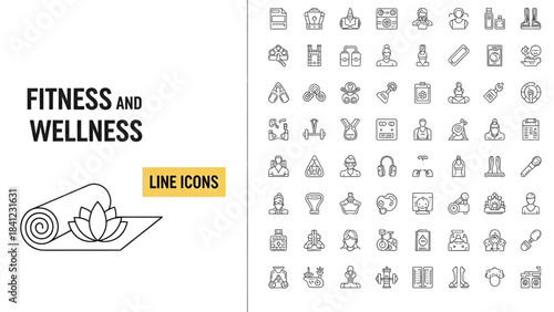 Fitness and wellness line icons set with yoga lotus gym equipment and healthy lifestyle elements