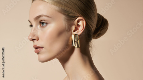 Elegant woman in profile wearing a modern gold earring. Beauty portrait of a young model with flawless skin and a classic bun hairstyle. Minimalist skincare and luxury jewelry concept