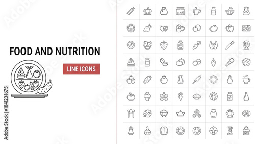 Food and nutrition line icons set with healthy organic fruits vegetables and balanced diet elements