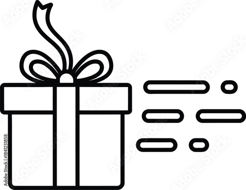 Gift box with ribbon and abstract motion lines, representing delivery or surprise, isolated graphic icon.