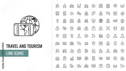 Travel and tourism line icons set with luggage globe vacation landmarks and world trip elements
