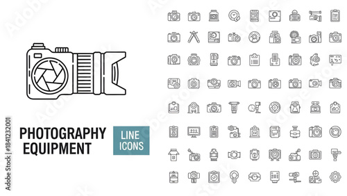 Photography equipment icons set with camera, lens, tripod, drone and studio lighting line vector