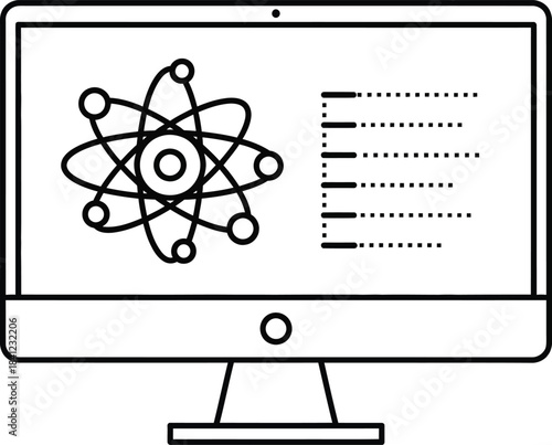 Scientific research and data analysis on a computer screen displaying an atom model illustration, symbolizing discovery.