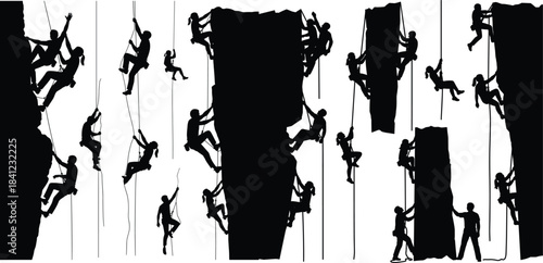 Silhouettes of rock climbers ascending a tall cliff face