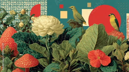 Wallpaper Mural botanical collage with chaotic foliage, eclectic patterns. Generative AI Torontodigital.ca