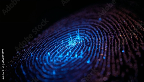 Wallpaper Mural Glowing biometric fingerprint showing neon blue concentric ridges on dark studio, data spikes Torontodigital.ca