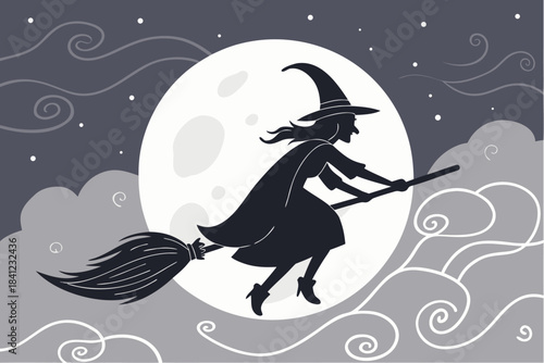 Witch flying on a broom under the moon on a spooky Halloween night