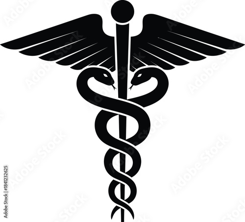 Caduceus symbol vector icon, featuring two intertwined snakes on a winged staff, representing healthcare and mythology.
