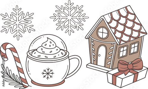 Christmas gingerbread house with cup of tea and sweet winter cookie decoration at home