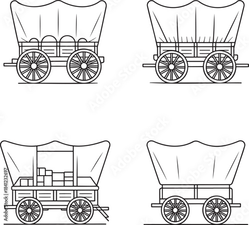 Set of Covered wagons Outline vector illustration isolated On Transparent Background