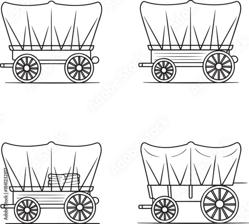 Set of Covered wagons Outline vector illustration isolated On Transparent Background