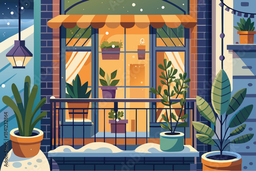 Cozy winter balcony with snow, potted plants and warm glowing windows in flat colorful style
