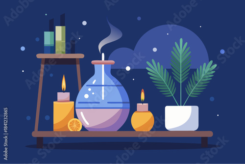 Aromatherapy setup with candles, essential oils, diffuser and potted plant on a shelf in cozy night scene