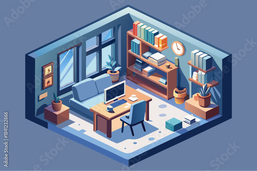 Cozy home office with desk, computer, bookshelves and plants in isometric interior style