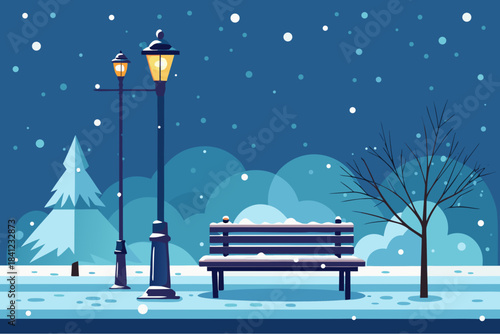 Snowy park scene with bench, street lamps and bare tree on a calm winter evening in flat vector style