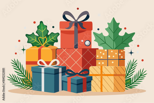 Colorful gift boxes decorated with ribbons, holly leaves and fir branches in festive holiday style