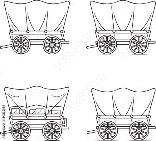 Set of Covered wagons Outline vector illustration isolated On Transparent Background