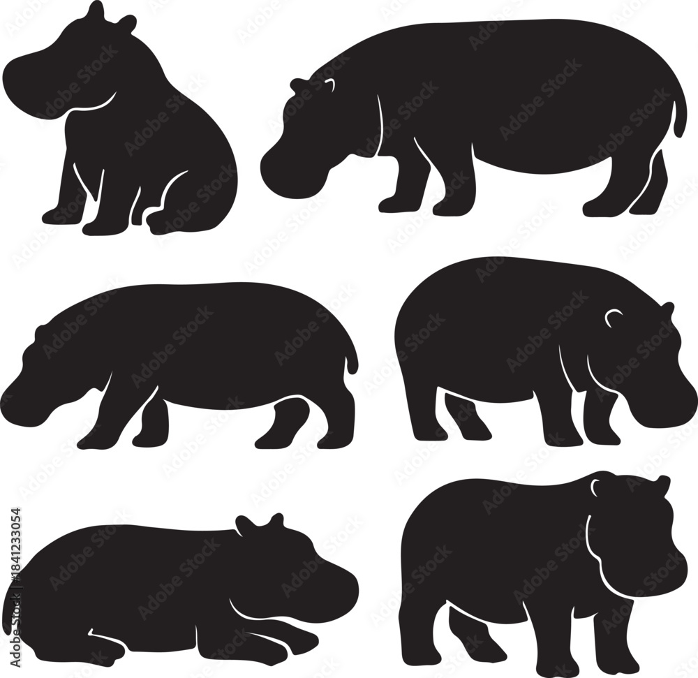 Fototapeta premium Collection of Hippopotamus Silhouettes in Various Poses - Vector Graphics