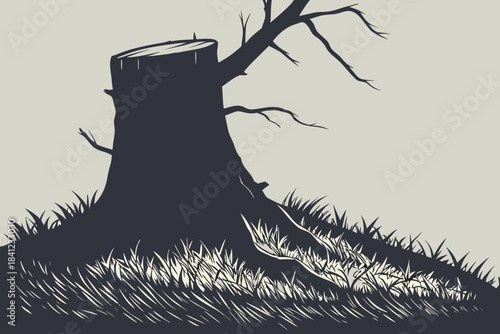 Silhouette illustration of a girl and a witch standing near a tree in a natural landscape