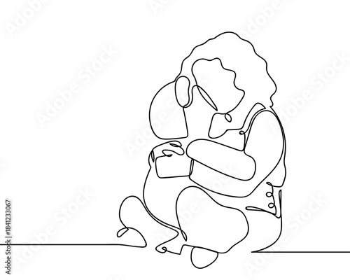 A little girl is hugging a large teddy bear, in a continuous line. Single line drawing vector illustration. Editable stroke.