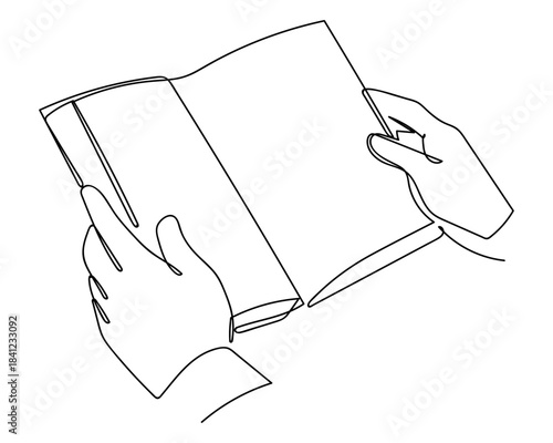 A hand opening a book, in a continuous line. Single line drawing vector illustration. Editable stroke.