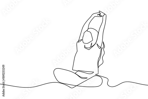 A woman is stretching upon waking up, in a continuous line. Single line drawing vector illustration. Editable stroke.