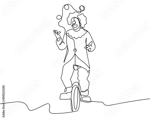 A clown is riding a unicycle along a continuous line. Single line drawing vector illustration. Editable stroke.