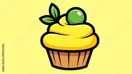 Cartoon cupcake with yellow frosting and green topping illustration.