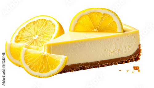 Slice of creamy lemon cheesecake with a graham cracker crust and garnished with lemon slices isolated on solid white background Png 2