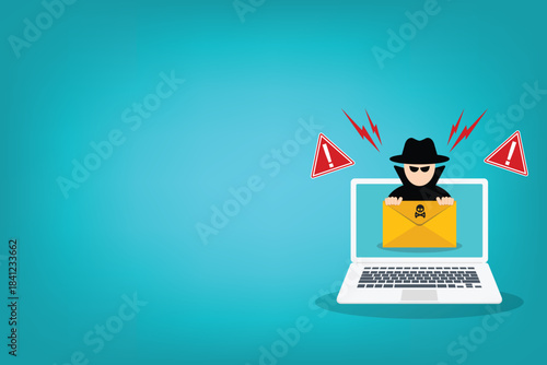 Cyber thief hide behind spam e-mail. Email data phishing. Online scam, fraud. Hacking concept. Vector illustration	