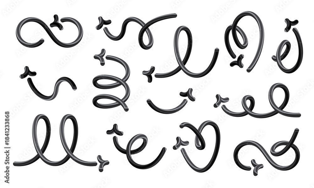 Fototapeta premium Set of voluminous blak arrows on a transparent background. Liquid curves and swirl arrows, rotating up, down, and right, in the shape of a heart.