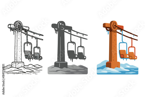 Abandoned Ski Lift Artistry. Old ski lift tower with corroded cables and chairs left in frozen landscape, first in line style with