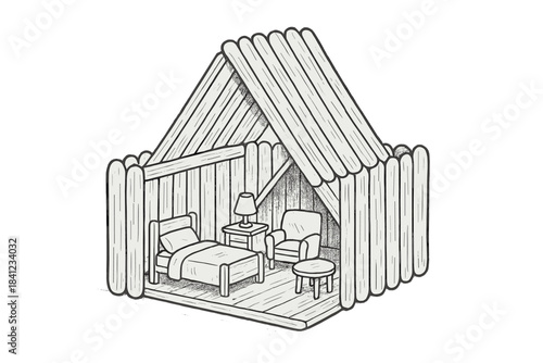 Popsicle Stick Fort. Fort made of popsicle sticks with small miniature furniture inside, first in line style with thin outline,
