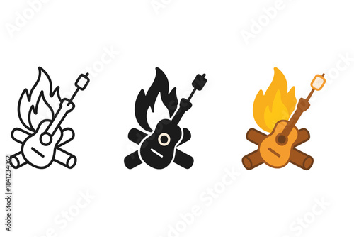 Campfire Trio Styles. Campfire with flames, guitar, marshmallow on a stick, first in line style with thin outline, second in solid