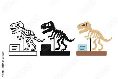 Dinosaur Skeleton Styles. Dinosaur skeleton, display stand, information plaque, first in line style with thin outline, second in
