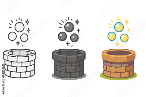 Floating Memory Orbs. Stone well, floating memory orbs, glowing light, first in line style with thin outline, second in solid