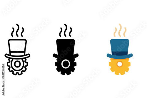 Eclectic Hat Designs. Top hat, rising steam, small gear, first in line style with thin outline, second in solid style filled shape