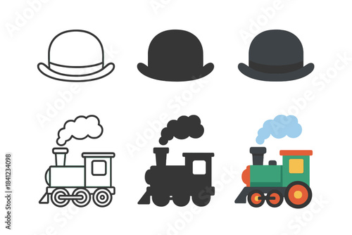 Stylish Steam Engine Trio. Bowler hat, miniature steam engine, smoke trail, first in line style with thin outline, second in solid