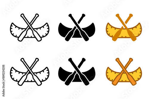 Canoe Icon Variations. Birch bark canoe with paddles resting inside, clean geometric minimal icon, first in line style with thin
