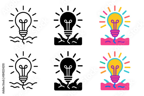 Radiant Bulb Growth. Bulb with radiant shoots breaking through soil, abstract psychedelic vector design, first in line style with