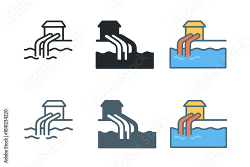 Abstract Water System. Small river intake with pipes leading to reservoir, abstract minimal vector illustration, first in line