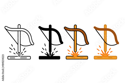 Bow Drill Sparks. Traditional bow drill creating sparks on wooden hearth, abstract minimal vector illustration, first in line