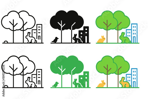 Urban Green Corridor. Urban green corridor with connected trees and small animal silhouettes, simple minimalist vector