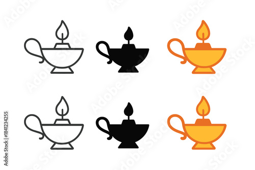 Stylish Oil Lamp Designs. Oil lamp with visible wick and curved handle, clean minimal vector illustration, abstract icon, first in