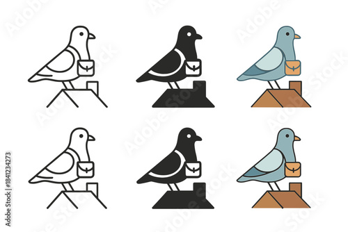 Pigeon Mail Courier. Pigeon perched on rooftop with small mailbag, minimal vector icon, first in line style with thin outline,